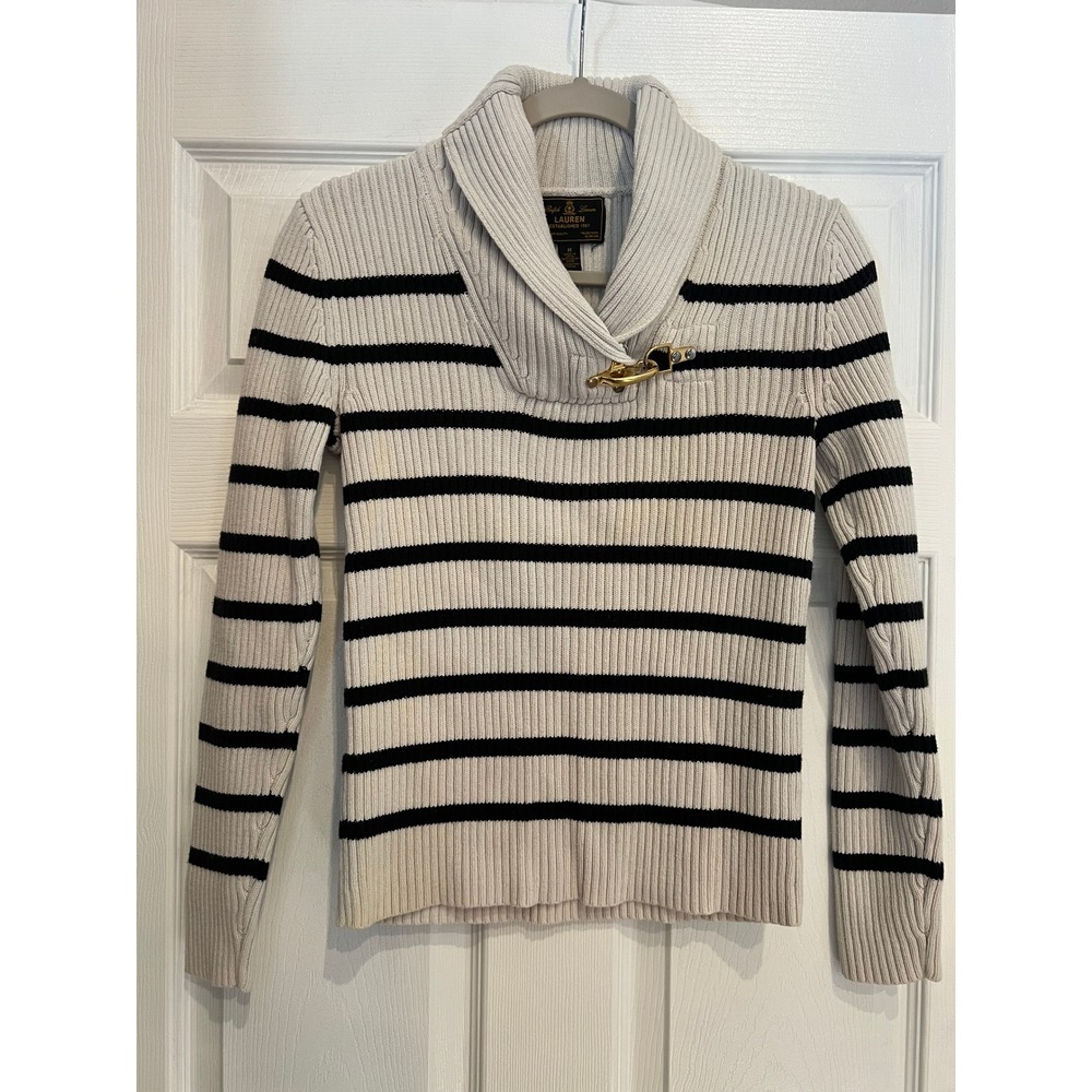 Lauren Ralph Lauren Sweater Cotton Ribbed Knit Striped Shawl Neck Toggle Cream M